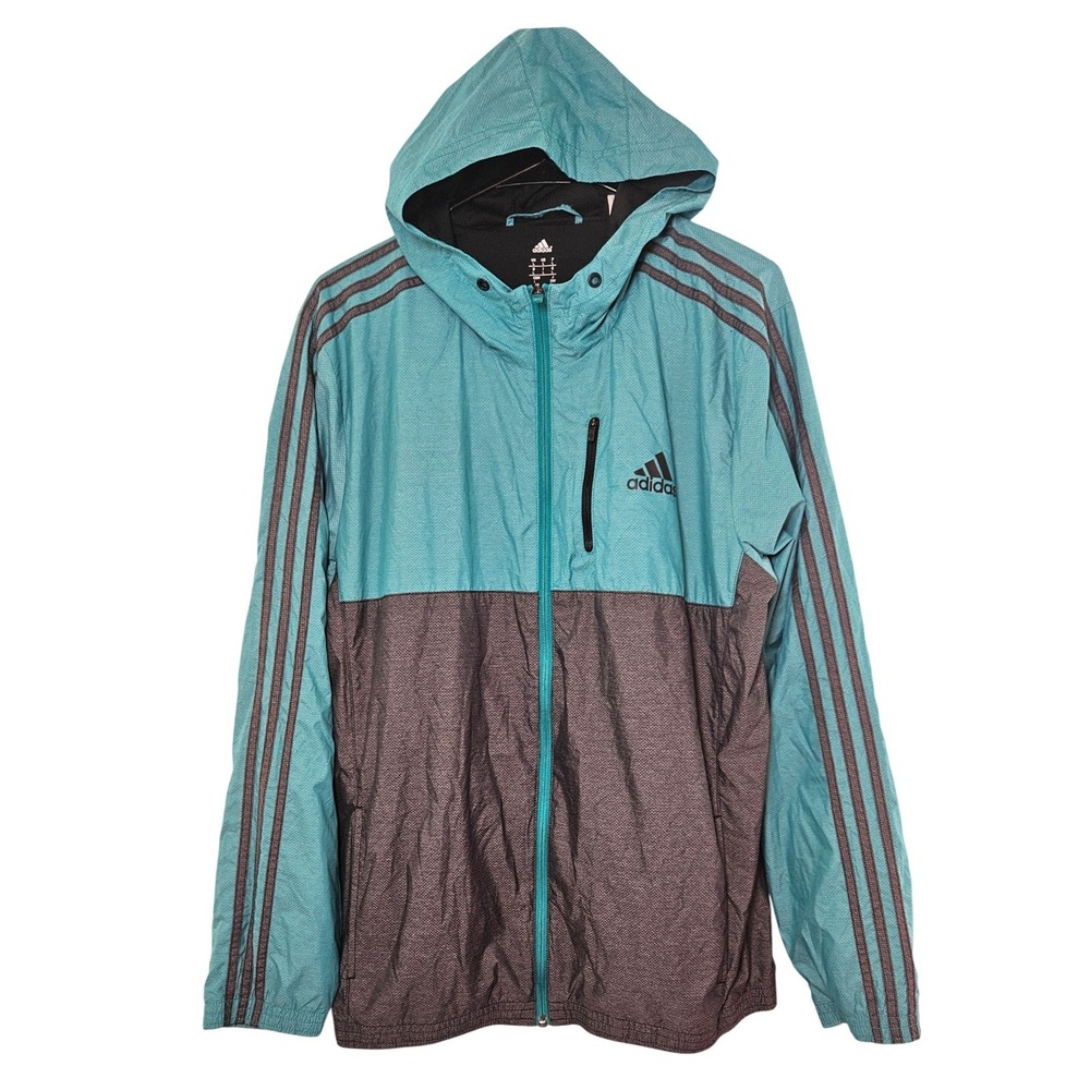 Adidas Mens Windbreaker Jacket Teal Grey Colorblock Hooded 3-Stripe Large